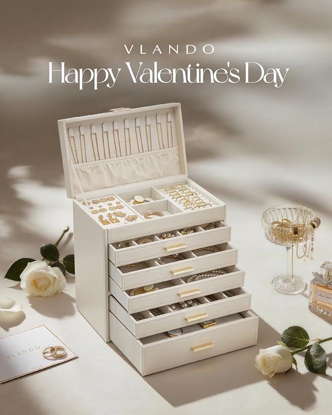Vlando 6 Layer Large Jewelry Box - Jewelry Holder Organizer, Jewelry Box Organizer for Drawer Necklace Ring Bracelet and Watch, Birthday Gift for Loved Ones - Beige