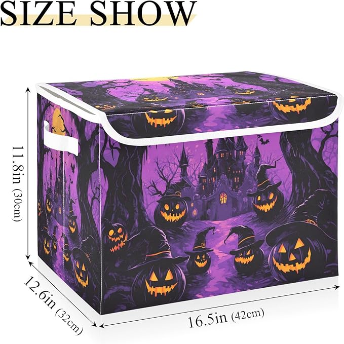 Collapsible Storage Bins with Lids Decorative Fabric Storage Cubes Closet Organizer and Storage Basket Boxes Containers for Clothes Box Chest Nursery Folding Rectangle Purple Castle Pumpkin