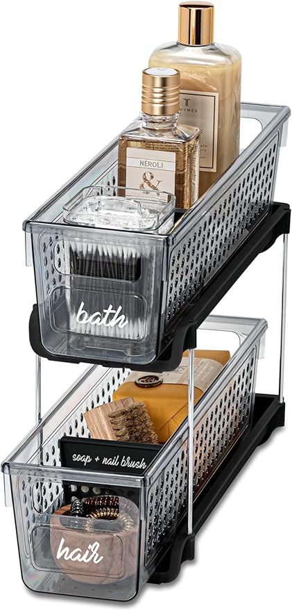 Madesmart Mini 2-Tier Plastic Multipurpose Organizer with Divided Slide-Out Storage Bins, Compact Under Sink and Cabinet Organizer Rack, Carbon