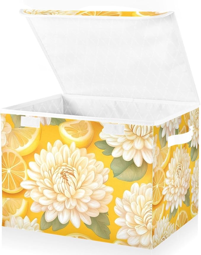 Yellow Chrysanthemum Flowers and Lemon Slices Collapsible Storage Bins with Lids Decorative Fabric Cubes Closet Organizer Basket Boxes Containers for Clothes Box Chest Nursery Foldin