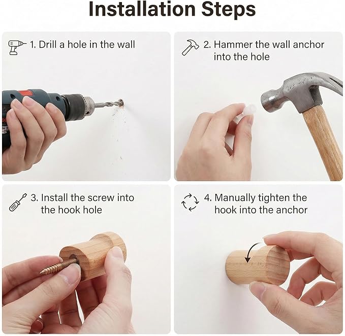 4Pcs Natural Wooden Wall Hooks Solid Wood Hangers Hooks Rustic Wooden Coat Hat Hooks for Entryway Bathroom Wall