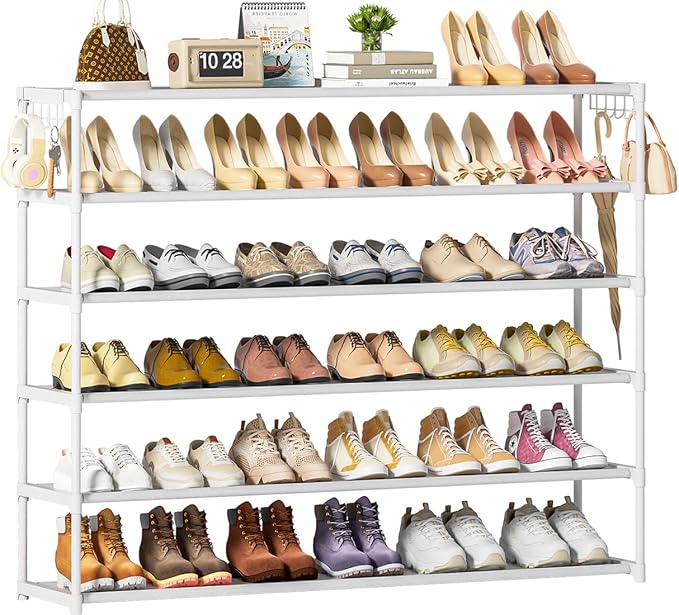 Extra Long Shoe Rack 6 Tier Shoe Storage Organizer with 2 Hooks, Wide Stackable Shoe Organizer Racks for Closet Entryway,Shoe Shelf Stand Sturdy Durable Shoes Holder Up to 39Pairs, White