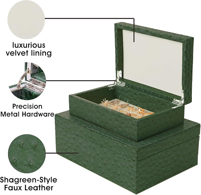 Decorative Storage Boxes Set of 2 Faux Ostrich Leather Decorative Boxes with Lids Large Nesting Jewelry Boxes, Photo Memory Box Modern Home Decor
