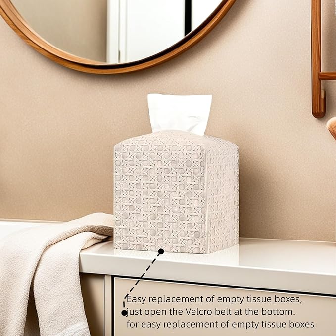 Tissue Box Cover Square PU Leather Facial Kleenex Box Cover Holder Tissue Case Cube Facial Paper Organizer Dispenser for Bathroom, Vanity Countertop, Tabletop, Car, Office Beige