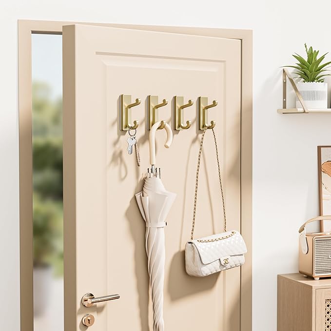 4 Pack Self Adhesive Wall Hooks for Coats - Stainless Heavy Duty Double Hook for Clothes, Towel, Keys, Purse, Backpack, Bag, Hat, Gold Coat Hook for Door, Bathroom, Bedroom, Holds 13Lbs.