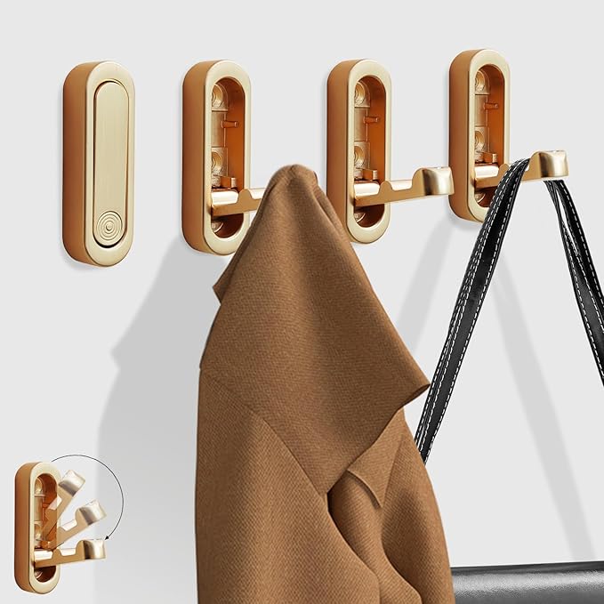 4Pcs Folding Coat Hooks, Heavy Duty Foldable Hooks Made of Zinc Alloy, Foldable Gold Wall Hooks for Bathroom, Closet, Entryway, Pool and Kitchen are Coat, Backpack, Key Storage Solutions(Gold)
