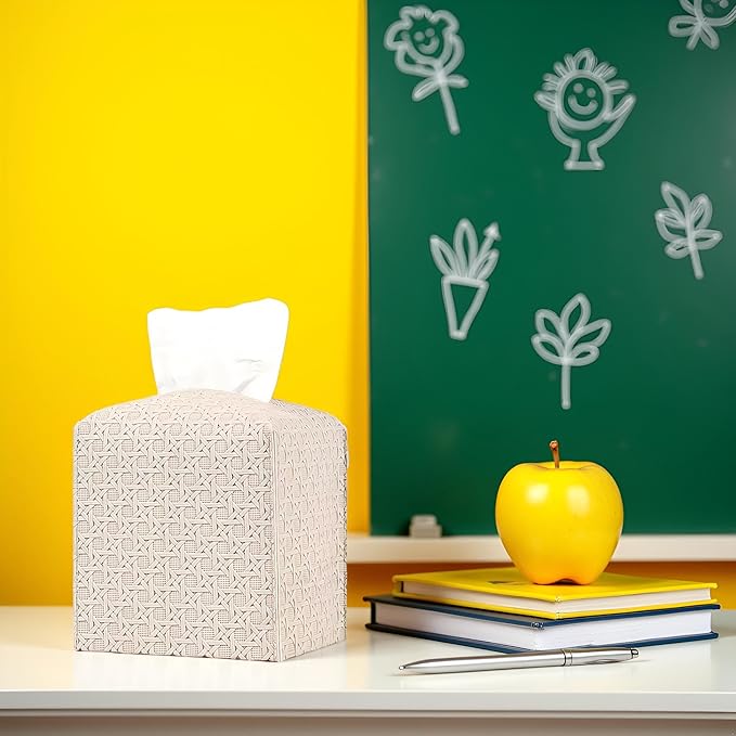 Tissue Box Cover Square PU Leather Facial Kleenex Box Cover Holder Tissue Case Cube Facial Paper Organizer Dispenser for Bathroom, Vanity Countertop, Tabletop, Car, Office Beige