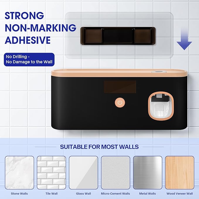 Smart Toothbrush Holder for Bathroom with Toothpaste Dispenser, USB Charging with 5 Toothbrush Slots for Family (Black)