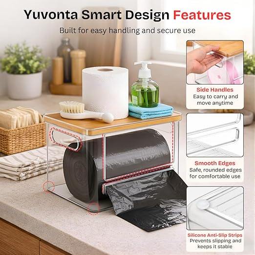 Trash Bag Dispenser with Front Opening, Stackable Garbage Bag Holder for Kitchen & Home, Fits 2.5 Gallon Bags, Includes Reusable Gloves, Adhesive Anti-Slip Pads & 15 Trash Bags–Extra Large Organizer