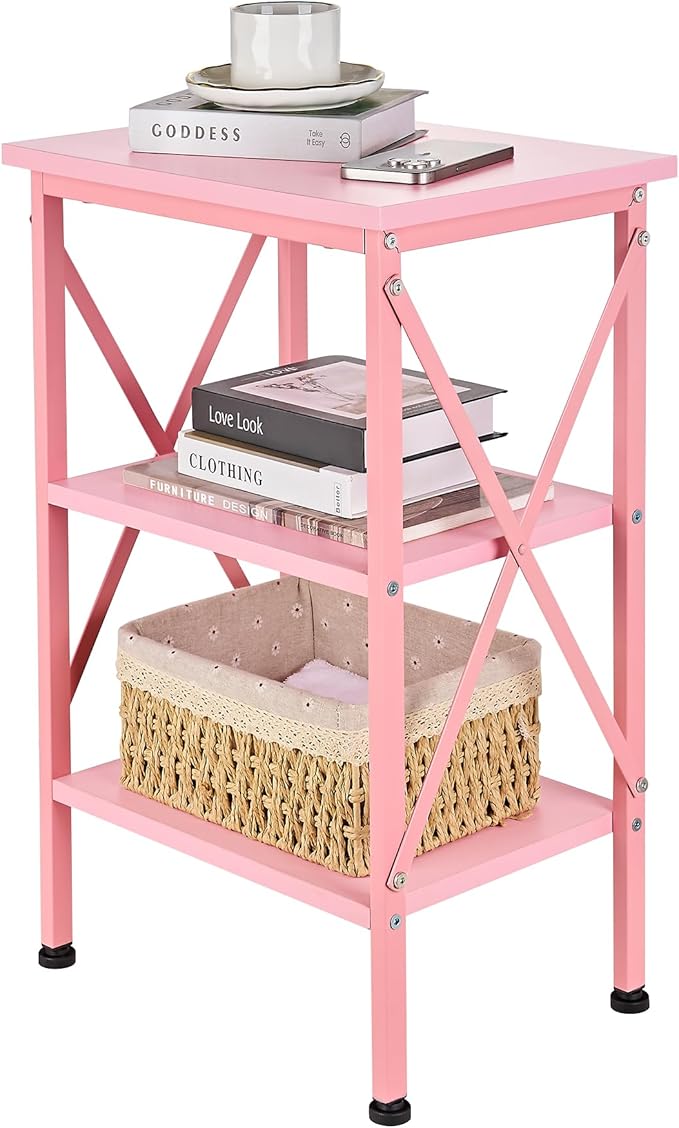 VECELO End Table, 24" Tall Living Room Side Tables, X-Design Reinforced Bedside Table, Nightstands with 3-Tier Storage Shelves for Small Spaces, Office, Bathroom, Bedroom, Pink, 1 Pack