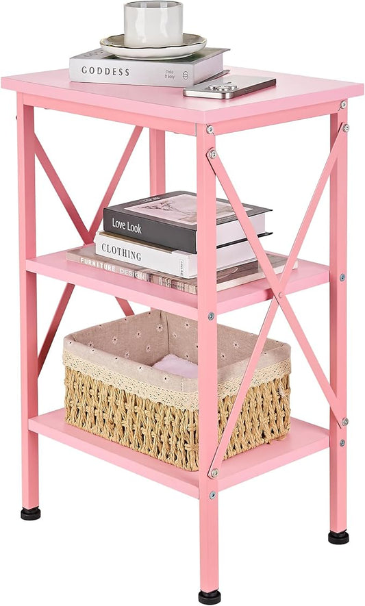VECELO End Table, 24" Tall Living Room Side Tables, X-Design Reinforced Bedside Table, Nightstands with 3-Tier Storage Shelves for Small Spaces, Office, Bathroom, Bedroom, Pink, 1 Pack
