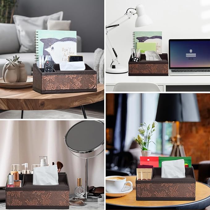 Marte Vanci Leather Tissue Box Cover Rectangular Multifunctional Tissue Holder with Remote Control Caddy Dryer Sheet Dispenser Facial Napkin Organizer for Desk Bedside Table Nightstand Vanity (Retro)