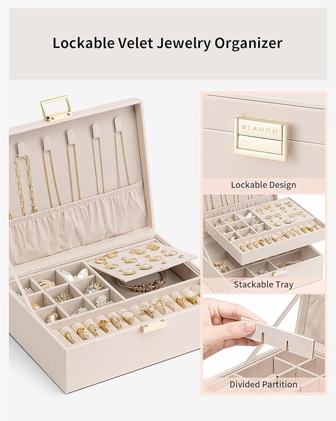 Vlando 2 Layer Jewelry Box Large Jewelry Organizer for Women Removable Jewelery Tray for Necklace Earrings Rings Bracelets Christmas Gifts for Mom Wife (Light Pink)