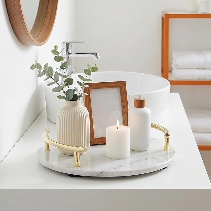 TOPZEA 10 Inch Marble Tray with Gold Handles, Round Vanity Organizer for Perfume, Jewelry, Trinket, Spa Supplies, Bathroom Countertop, Dresser Nightstand Display Tray Decor