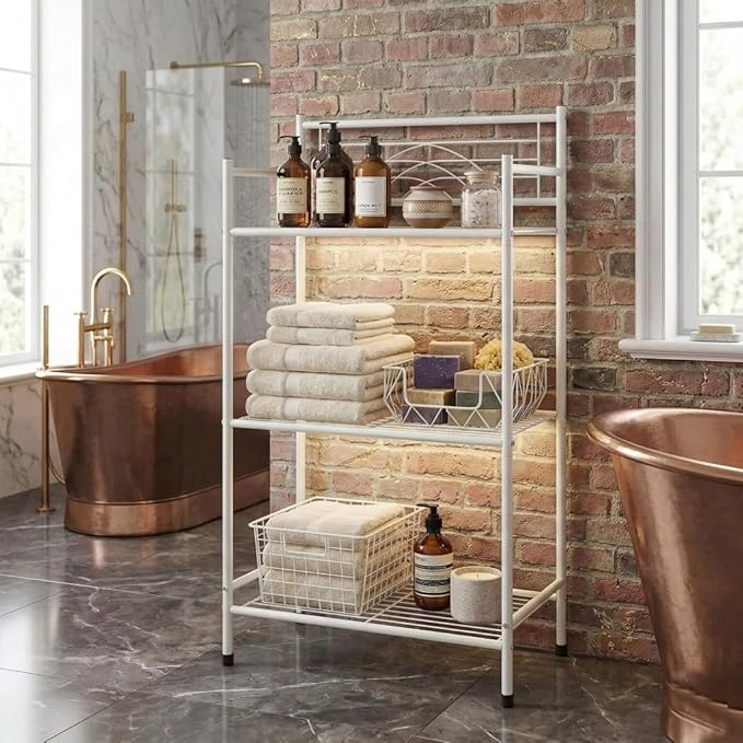 Bath Bliss 3 Tier Freestanding Bathroom Storage Shelf, White Metal Organizer Rack | Rust Resistant Space Saving Bathroom Stand | Toilet Paper Towel Holder | Bathroom Organizer for Small Spaces