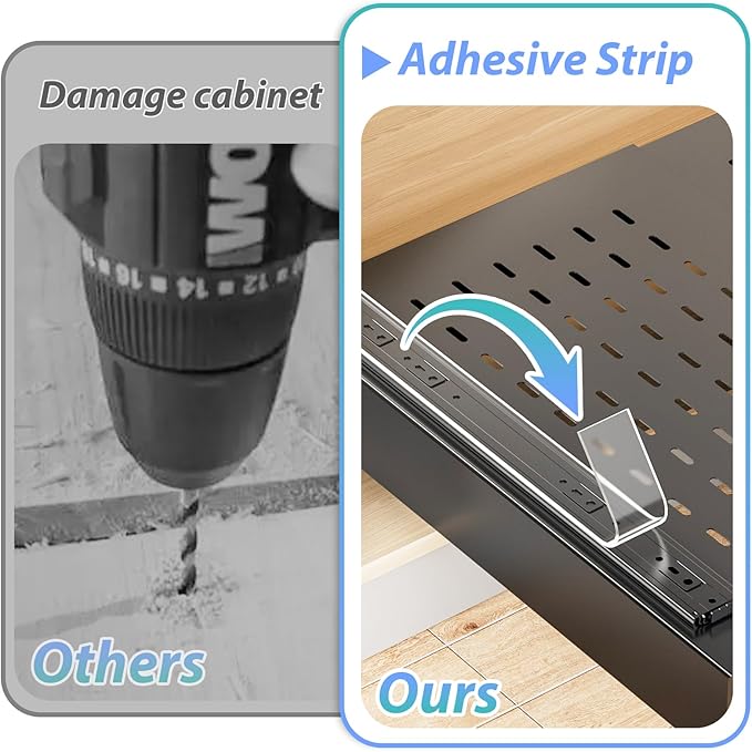 OVICAR Pull Out Cabinet Organizer - Adhesive Slide Out Drawer - 13.8" W x 16.3" D Heavy Duty Sliding Pantry Shelves Storage Drawers with 4pcs Divider Racks for Kitchen Bathroom Home, Black
