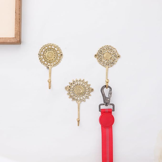 Indian Shelf 3 Brass Gold Decorative Wall Hooks Boho Key Holder Wall Mount- Shabby Chic- Unique Coat Rack- Gold Vintage Hooks for Hanging- Hat Rack- Towel Holder- Purse Hanger