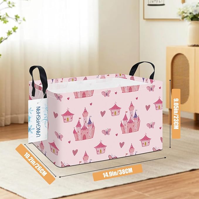 LANGYASHAN Rectangular Storage Bin Collapse Canvas Fabric Cartoon Storage Basket with Handles for Organizing Home Kitchen Boys and Girls Toys Office Closet Shelf Baskets (Rec Pink Castle)