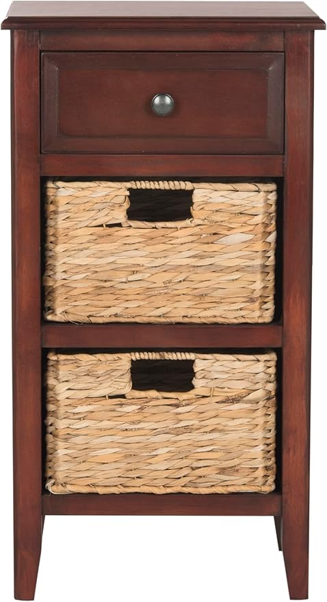 SAFAVIEH Home Collection â Everly Cherry 3-Drawer Side Table with Woven Basket Storage, Fully Assembled Farmhouse Accent Table (AMH5743C)