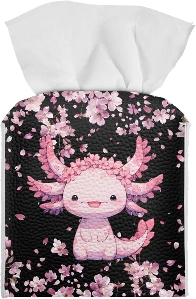 Axolotl Cherry Blossoms Tissues Cube Box Cover with Bottom Belt Decorative Tissue Box Cover for Bathroom Vanity Countertop Office Desk