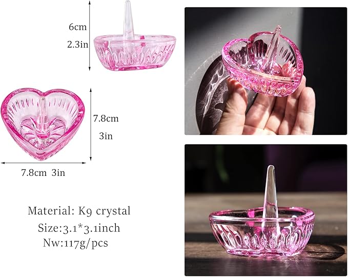 H&D HYALINE & DORA Crystal Heart Rings Holder for Jewelry Glass Ring Dish, Pink