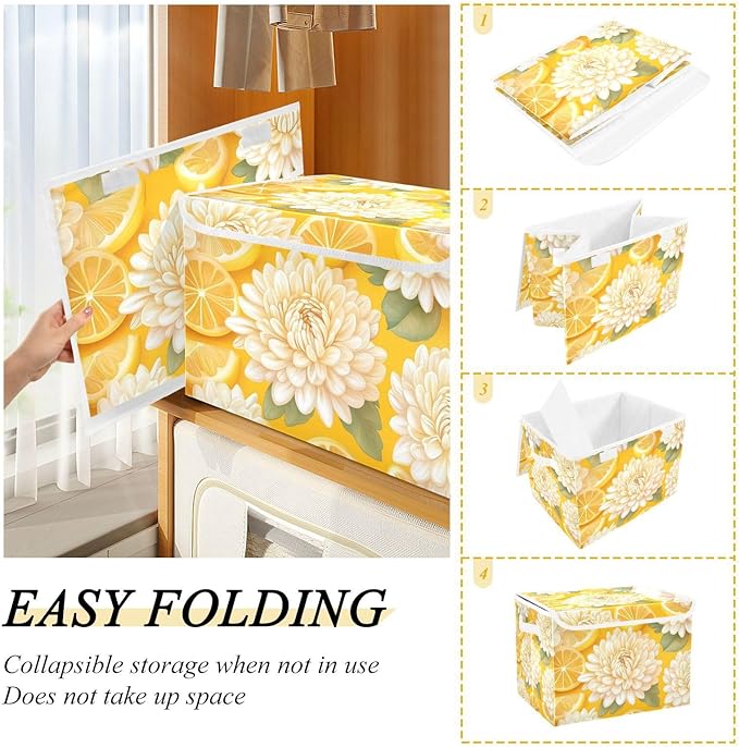 Yellow Chrysanthemum Flowers and Lemon Slices Collapsible Storage Bins with Lids Decorative Fabric Cubes Closet Organizer Basket Boxes Containers for Clothes Box Chest Nursery Foldin
