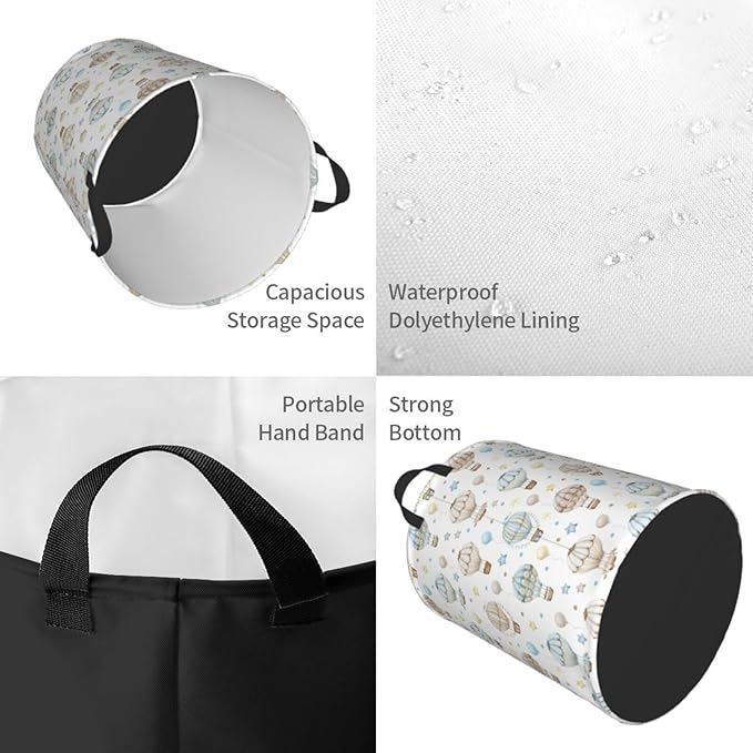 Watercolor Hot Air Balloon Round Laundry Hamper Storage Basket Toys Clothes Organizer Bin For Home Bathroom Bedroom Dorm Nursery, 62l