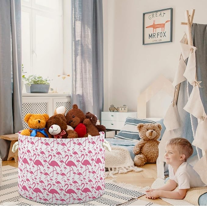 visesunny Pink Flamingo Collapsible Large Capacity Basket Storage Bin with Durable Cotton Handles, Home Organizer Solution for Office, Bedroom, Closet, Toys, Laundry