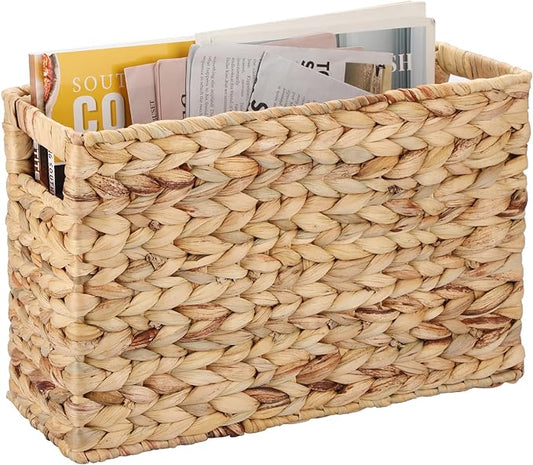 BTSKY Woven Magazine Holder, Water Hyacinth Magazine Basket, Natural Narrow Storage Basket Bin for Books & Files, Magazine Rack with Built-in-Handle for Home, Office & Desk - 15.4x5.5x9.8 Inch