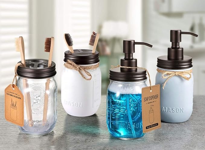 Mason Jar Toothbrush Holder – Bronze – with Genuine Glass 16 Ounce Mason Jar for Regular Mouth Mason Jar ， Premium Rust-Proof 304 Stainless Steel - Rustic Farmhouse Decor Bathroom Accessories