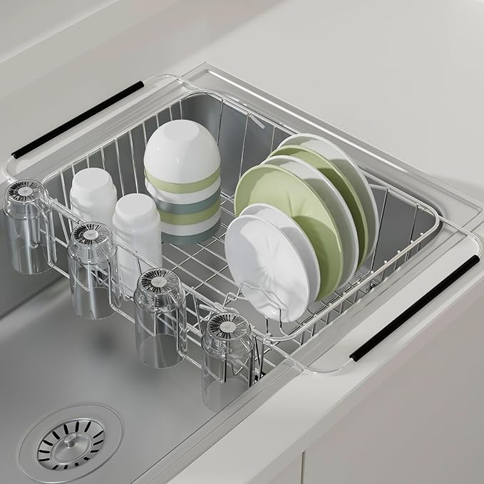 Stainless Steel Dish Drying Rack(15" L X 11" W X 4.1" H), Expandable Drain Rack Over Sink, Dish Drainer Rack in Sink, with Stainless Steel Utensil Holder & 4 Hooks Cup Hanger
