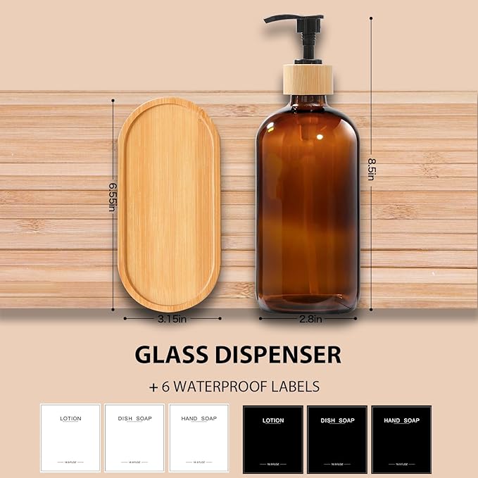 Amber Glass Soap Dispenser with Bamboo Pumps&Tray&Labels, Hand Dispenser, Lotion Dispenser, Dish Soap Dispenser for Kitchen Sink. (Amber)