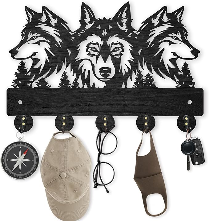 MAYJOYDIY Wood Wolf Wall Mount Coat Rack 11.8×8inch Wolf Forest Key Holder for Wall Coat Rack Wolf Key Hook 5 Alloy Hooks Animal Theme Wall Art Hook Gift for Hallway Office Living Room