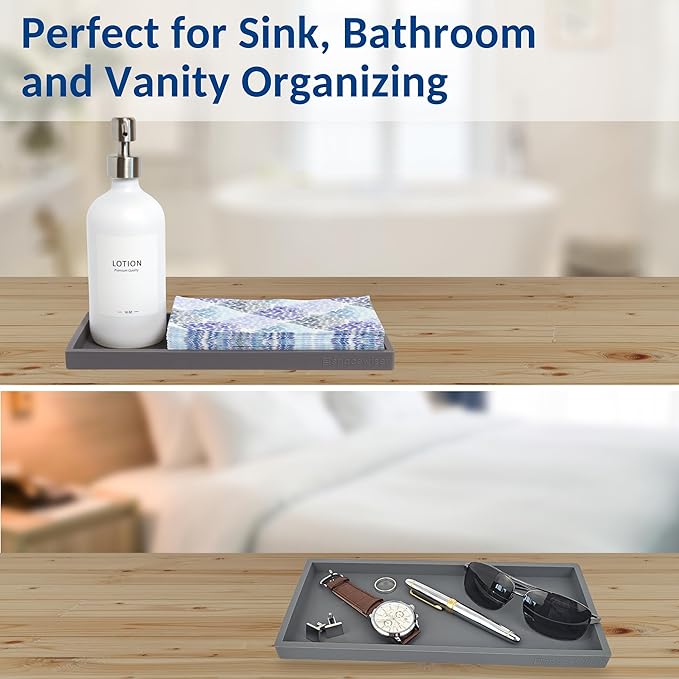 Countertop and Vanity Tray - 11.7" Silicone Bathroom Tray Countertop, Dish Soap Trays for Kitchen Counter, Sink Organizer Caddy Accessories, Toilet Plant Shower Makeup Mat Oil Holder