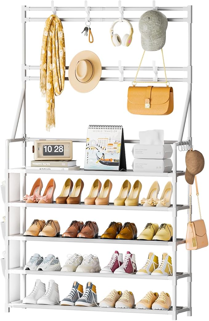 OYREL Shoe Rack 5 Tier Shoe Racks Organizer 20-25 Pairs Shoes Rack for Closet Entrance Shoe Storage Shelf with Hooks and Side Pocket Entryway Shoe Holder Space Saving Free Standing Shoe Racks