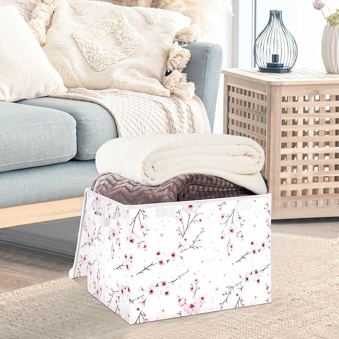 senya Flower Baskets Collapsible Storage Bins with Lids, Cherry Blossom Branche Storage Boxes Clothes Baskets for Organizing