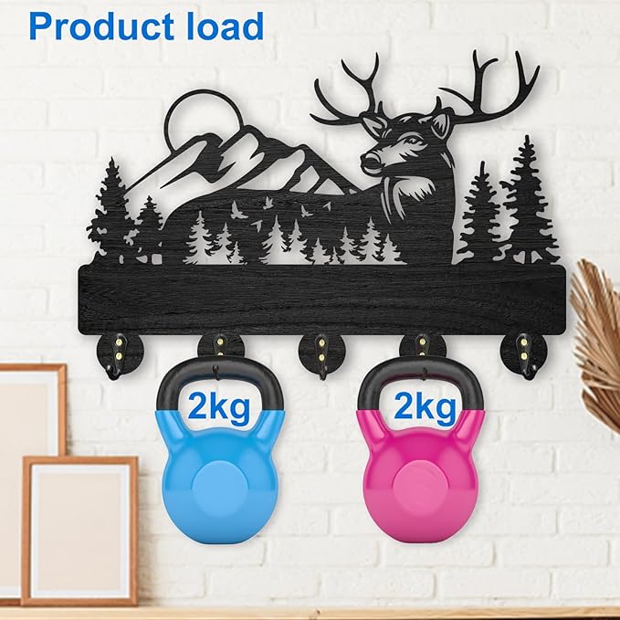 MAYJOYDIY Wooden Antler Wall Coat Rack with 5 Hooks, Black Forest Deer Design, 11.8x8 Inch Key Holder & Organizer for Entryway, Hall, Living Room, Office Decor