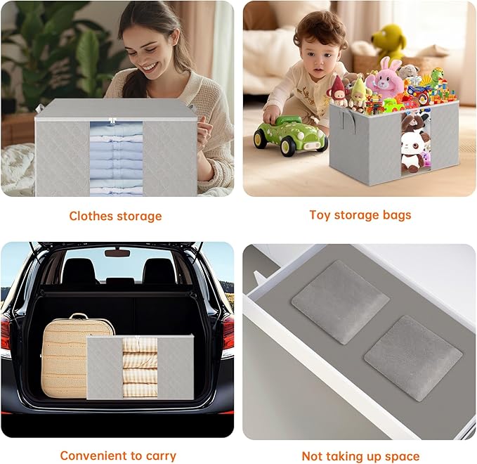6 Pack Clothes Storage Bags - 90L Blanket Organizers and Storage for Closet Large Storage Bins with Lids and Zipper Storage Containers for King Comforter, Pillow and Sweater (Grey, 6 Pack)
