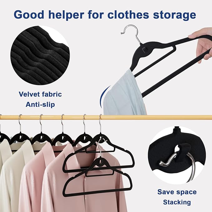 Black Velvet Hangers,Non Slip Felt Hanger，Stackable Space Saving Hangers with 360° Rotating Silver Hook,Closet Organizers and Storage Suit Clothes,Pants,Shirt,Tie,Tank Top