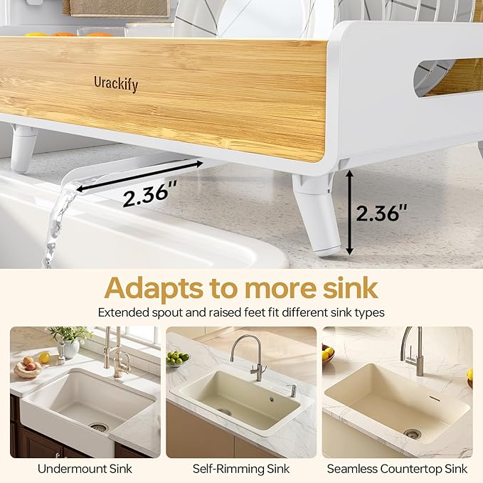 Dish Drying Rack for Kitchen Counter - Stainless Steel & Bamboo Dish Rack with Large Removable Utensil Holder, Dish Drainer with Adjustable Automatic Spout, White
