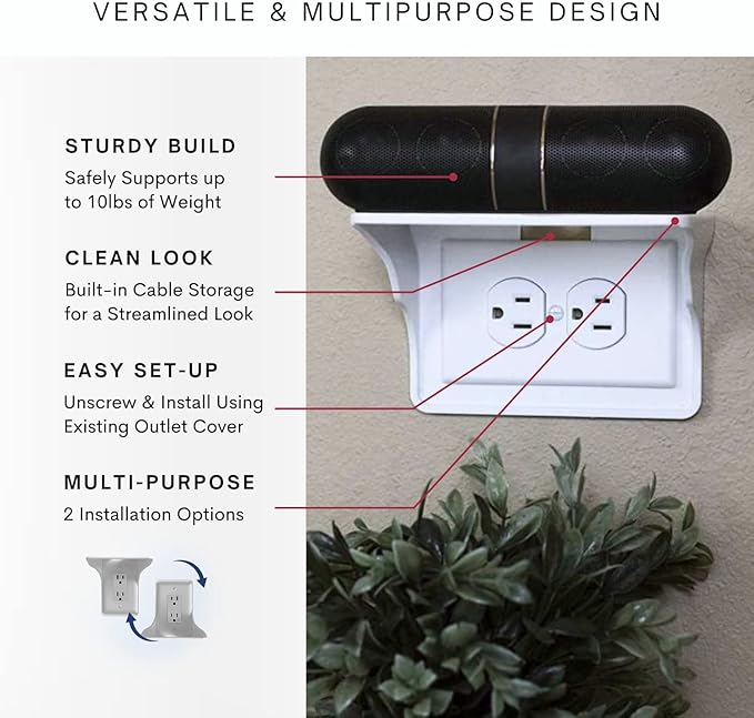 Power Perch Horizontal Wall Outlet Shelf with Cord Storage Strap - Declutter & Reclaim Bathroom Counter Space - Alexa Stand, Apple Homepod Shelf, Toothbrush Holders Wall Mounted - White, 2-Pack