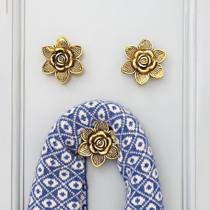 Indian Shelf 3 Pieces Boho Rose Flower Decorative Wall Hooks Gold Floral Vintage Coat Hooks for Hanging Things, Towels, Purse, Bags, Backpack