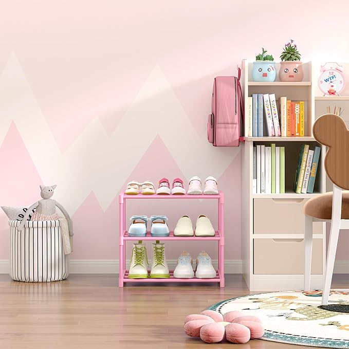 3-Tier Pink Shoe Racks for Women/Girls/Kids' Closet, Small Shoe Storage for 5-7 Pairs, Lightweight Stackable Shoe Shelf Organizer for Entryway, Front Door Entrance, Bedroom