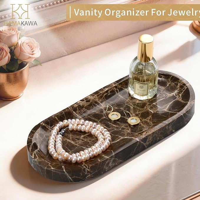 Bathroom Vanity Tray, Natural Marble Oval Tray 10 inch, Emperador Dark Marble Vanity Tray for Soap Dispenser Modern Countertop Organizer for Kitchen Countertops, Home Decor