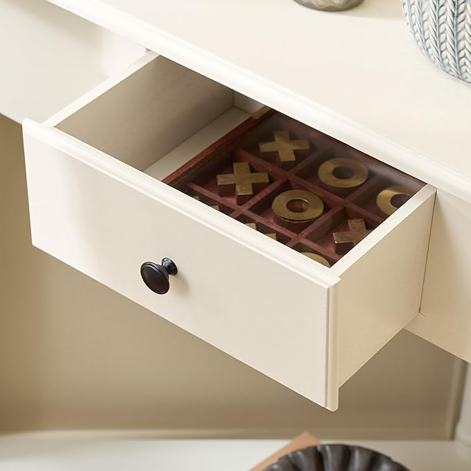 SAFAVIEH Home Collection â Gomez Distressed Cream Corner Accent Table with Drawer & Shelf, Space-Saving Triangular Design, Small Space Storage Table (AMH5709C)