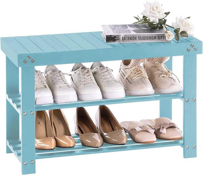 Apicizon Bamboo Shoe Rack for Entryway, 3-Tier Shoe Rack Bench for Front Indoor Entrance, Small Shoe Organizer with Storage, Blue