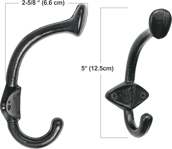 Dseap Cast Iron Wall Hooks L=5”, Heavy Duty Coat Hooks, Rustic Vintage Farmhouse Hook for Hanging Winter Coats Jackets Towels Hats Bags Plants, Antique Black, Pack of 10 (ShieldBold)