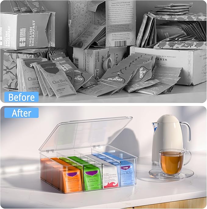 Tea Bags Organizer with Lids - Acrylic Tea Packet Organizer for Countertop Pantry, Stackable Clear Storage Box - Large 2pcs