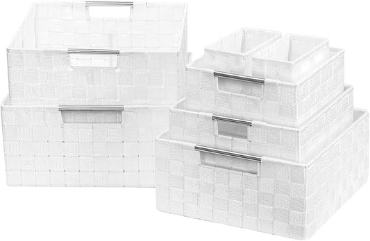 Sorbus Storage Baskets for Organizing (Set of 7), Mesh Hand-Woven Design, Linen Closet Organizers and Storage, Organizer Storage Baskets for Shelves, Variety Pack Organizers and Storage (White)