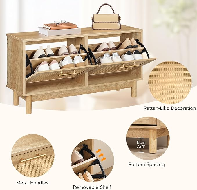HOOBRO Shoe Storage Bench Entryway, Rattan-Like Shoe Bench with Flip Drawers, Narrow Shoe Rack Bench, Shoe Cabinet with Rattan Doors, Wooden Shoe Organizer for Entryway Hallway, Natural NL51HX01